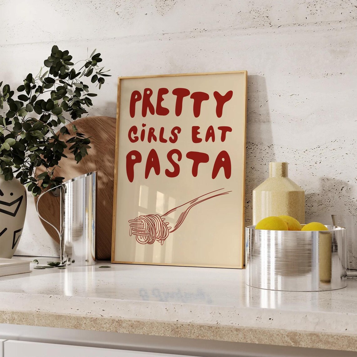 Pretty Girls Eat Pasta Red Retro Kitchen Typography Foodie Poster - Image 2