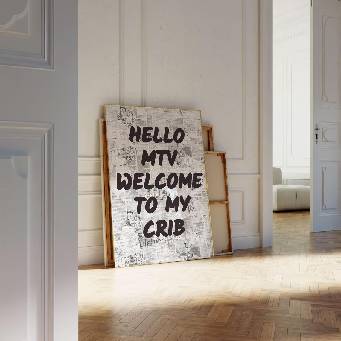 Hello MTV Welcome to My Crib Vintage Newspaper Style Quote Poster - Image 2