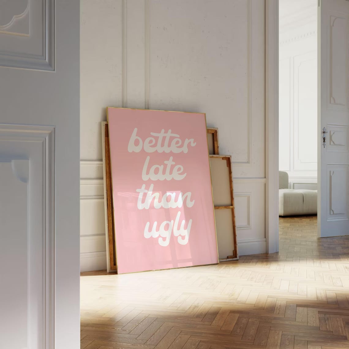 Better Late Than Ugly White Retro Script on Pink Girly Wall Art - Image 3