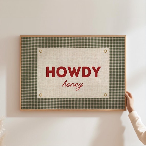 Howdy Typography Vintage Gingham Poster, Western Decor