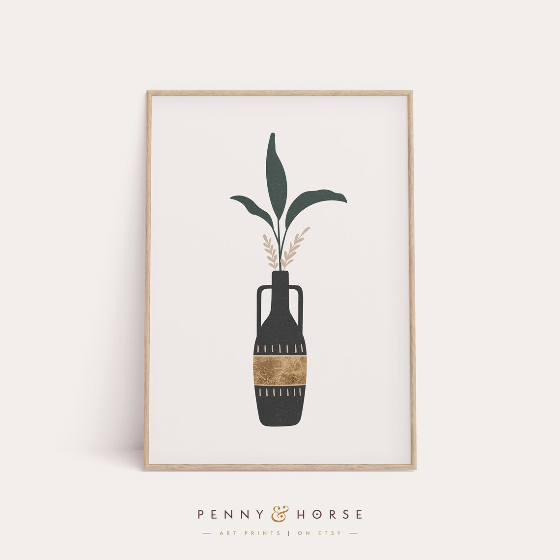 Black and Gold Botanical Vase Leaves Minimalist Modern Wall Art
