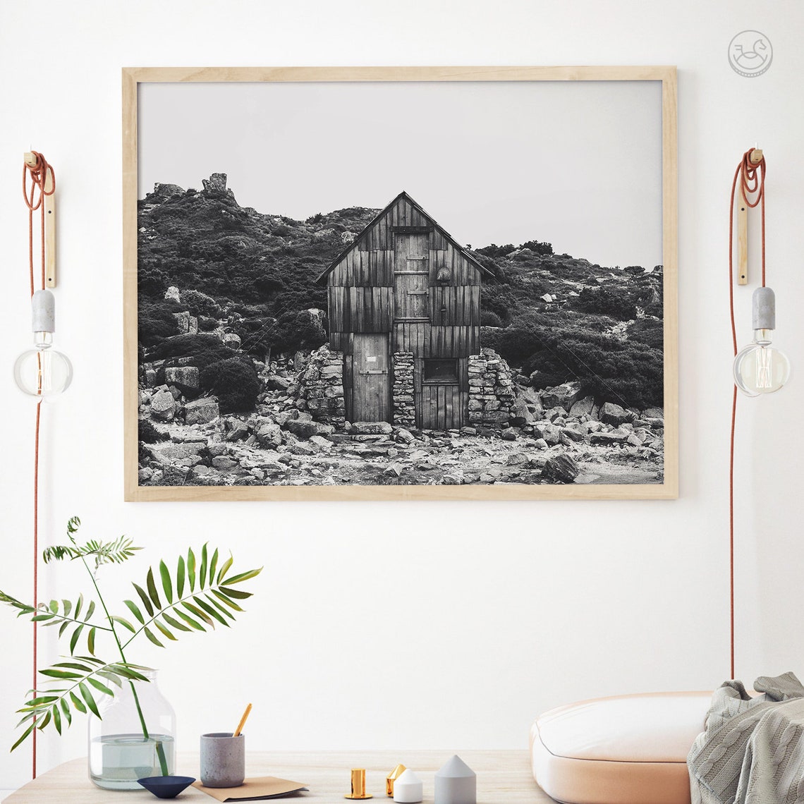 Black and White Mountain Stone Hut Landscape Photography Poster - Image 3