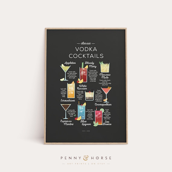 Classic Vodka Cocktails Recipe Chart Black Chalkboard Bar Art Poster