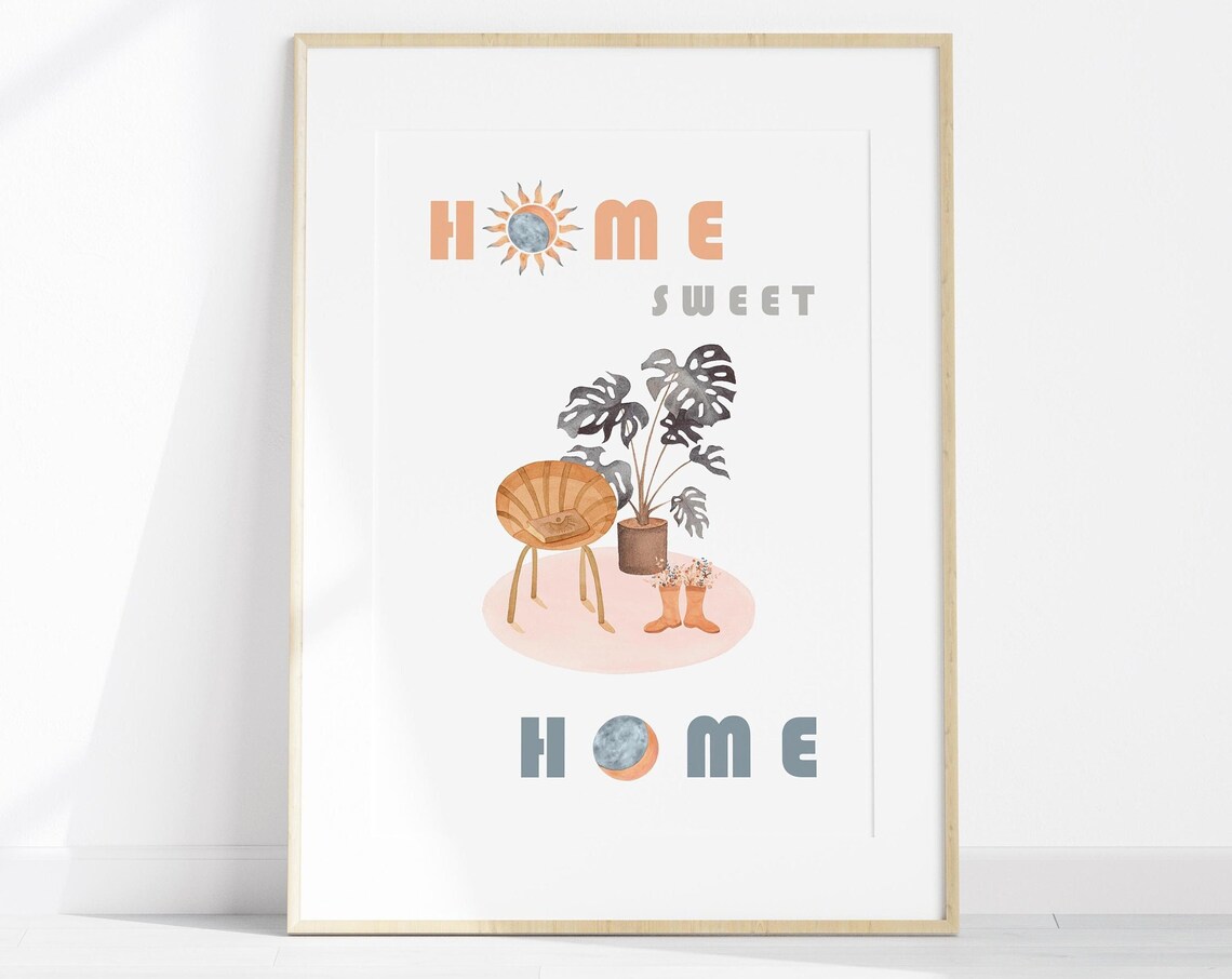 Home Sweet Home Poster with Rattan Chair and Monstera Plant Decor