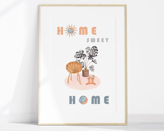 Home Sweet Home Poster with Rattan Chair and Monstera Plant Decor