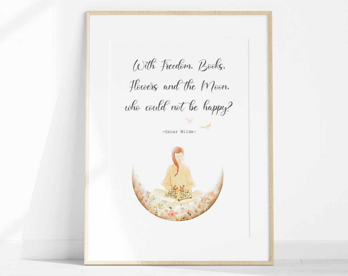 Oscar Wilde Freedom Books Flowers Moon Quote With Reading Girl Poster