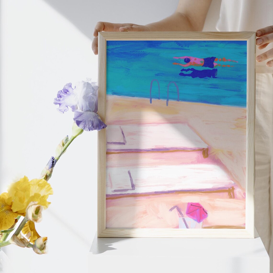 Colorful Painterly Swimming Pool With Swimmer Summer Art Poster