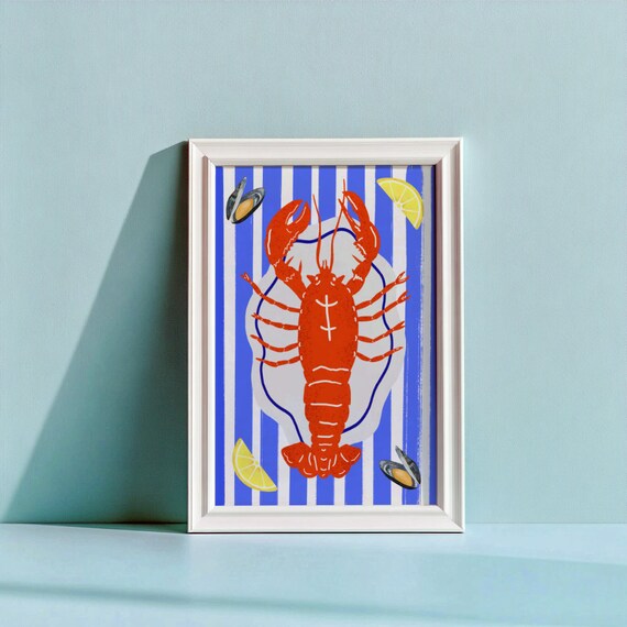 Lobster Red Blue Print Wall Art Poster Home Decor Seafood Mediterranean Crab Oyster Ocean Sea Holiday Interior Design