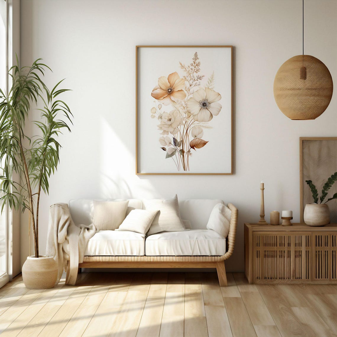 Elegant Soft Beige Dried Flower Bouquet Watercolor Botanical Poster