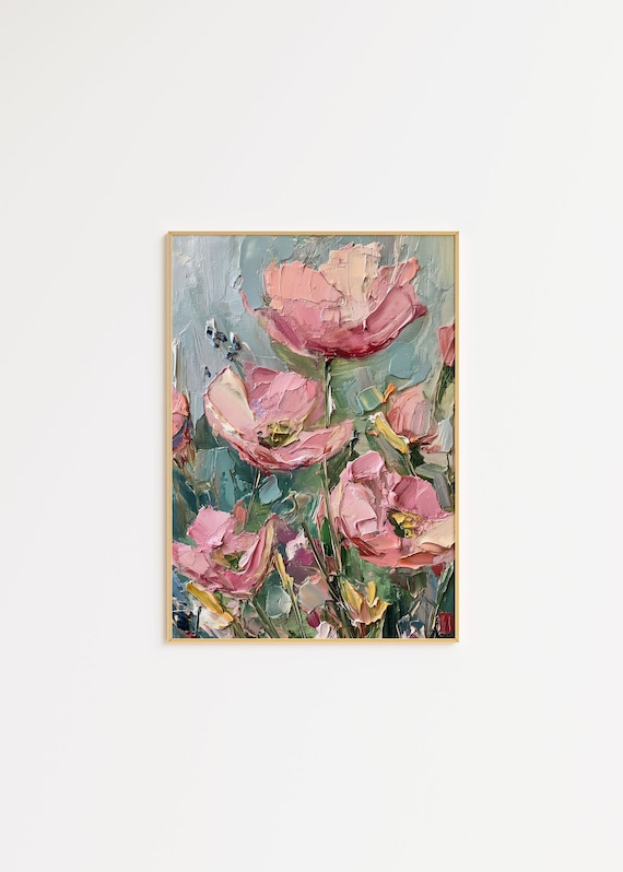 Pink Poppy Flowers Textured Oil Painting Style Floral Wall Art