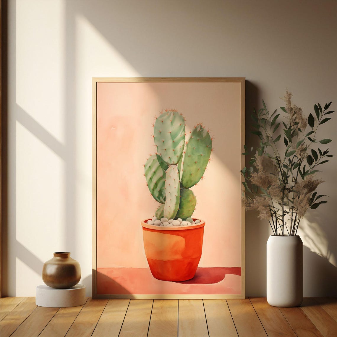 Prickly Pear Cactus In Orange Pot Coral Botanical Watercolor Poster