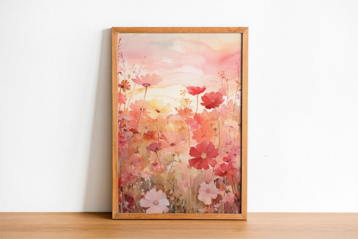 Pink Orange Wildflower Watercolor Sunset Meadow Floral Art Poster