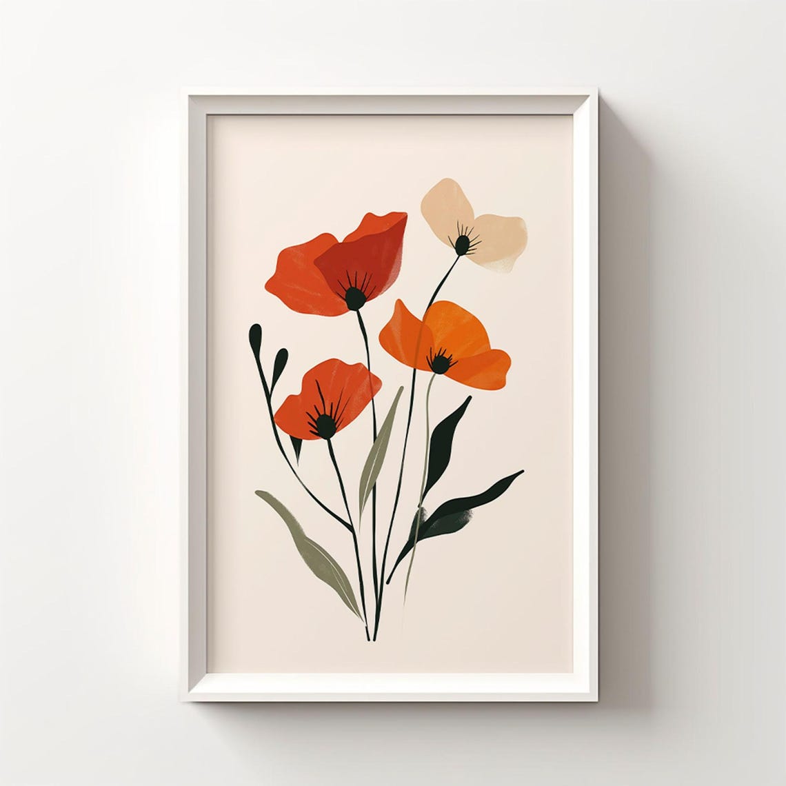 Minimalist Red Poppy Illustration on Cream Modern Floral Poster