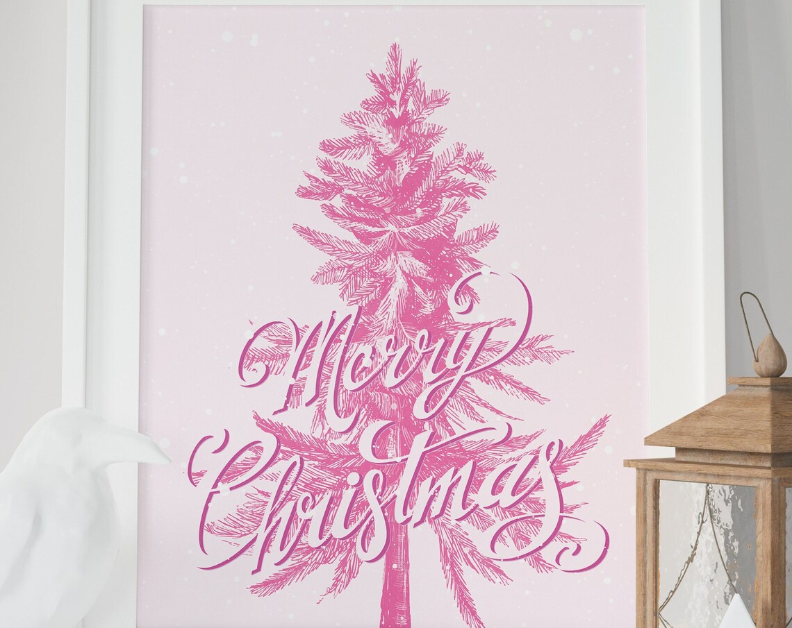 Pink Merry Christmas Tree Scripted Holiday Blush Pink Wall Art