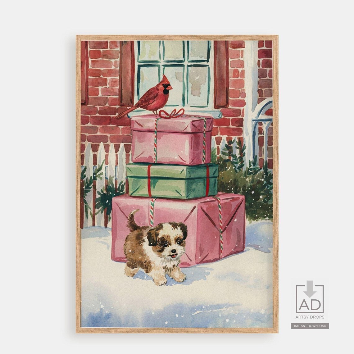 Christmas Puppy Gifts Red Cardinal Watercolor Holiday Scene Poster