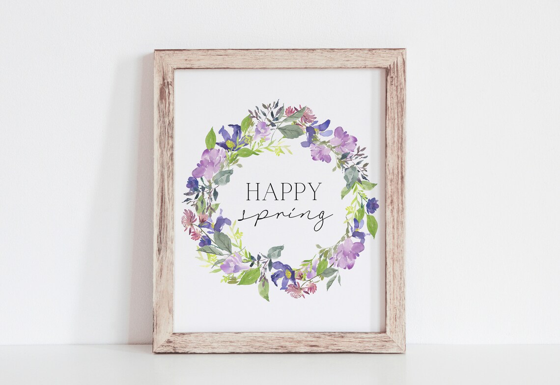 Happy Spring Purple Wildflower Wreath Watercolor Botanical Poster