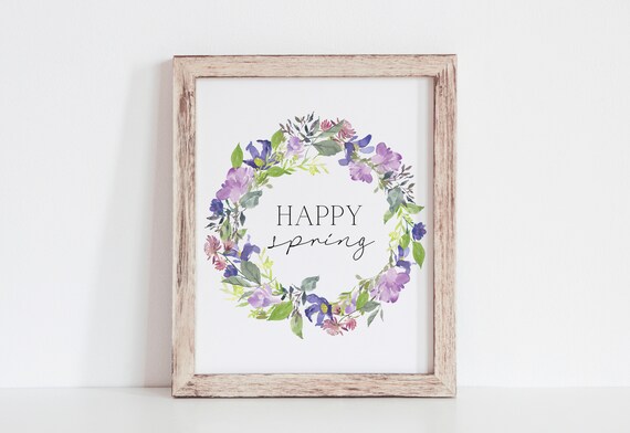 Happy Spring Purple Wildflower Wreath Watercolor Botanical Poster