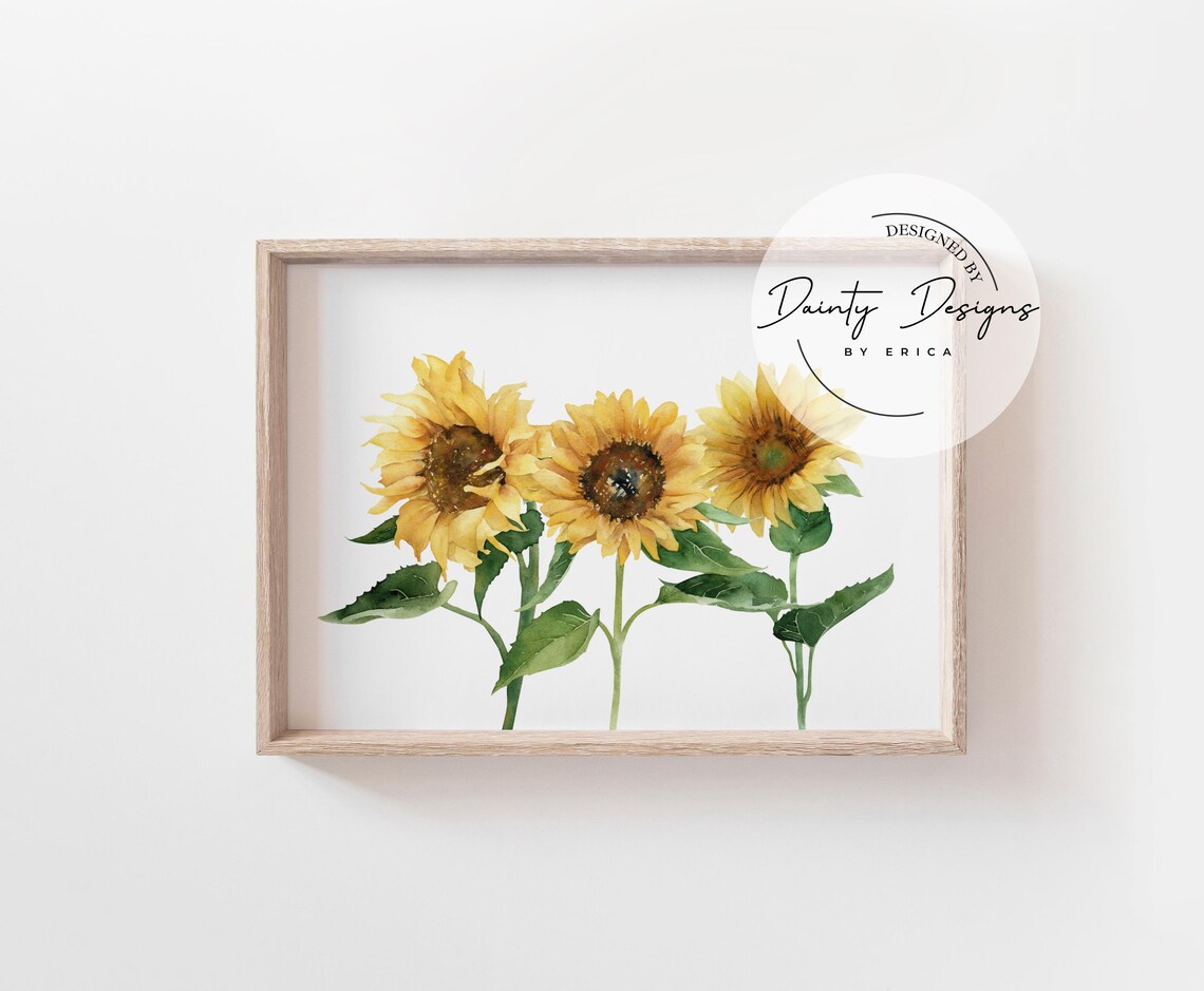 Three Bright Yellow Watercolor Sunflowers Fall Floral Botanical Art Print - Image 2