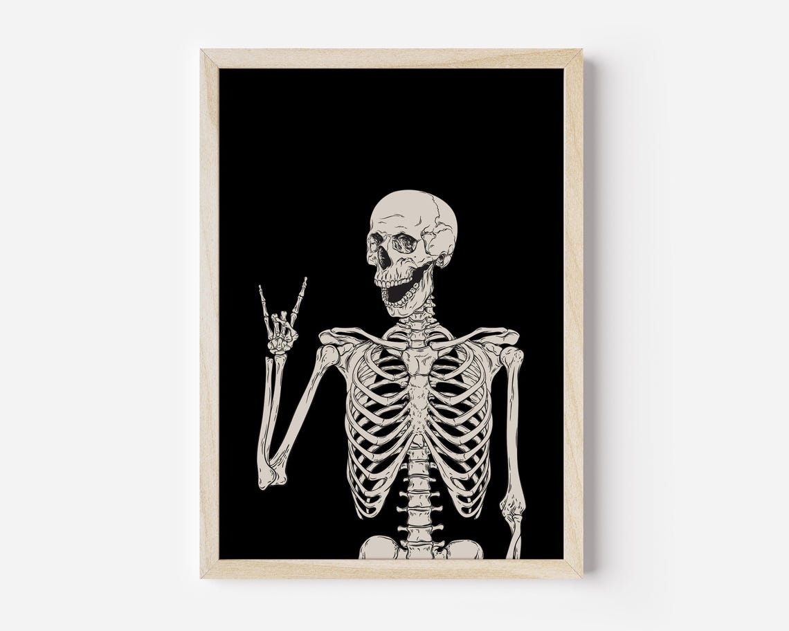 Funny Skeleton Rock On Hand Halloween Black Background Art Poster - Image 4