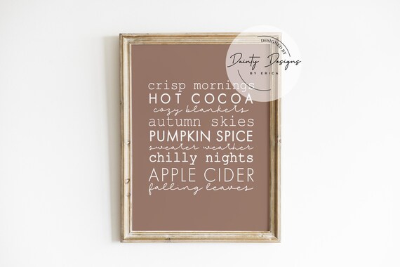 Fall Words List Crisp Mornings Pumpkin Spice Autumn Decor Poster
