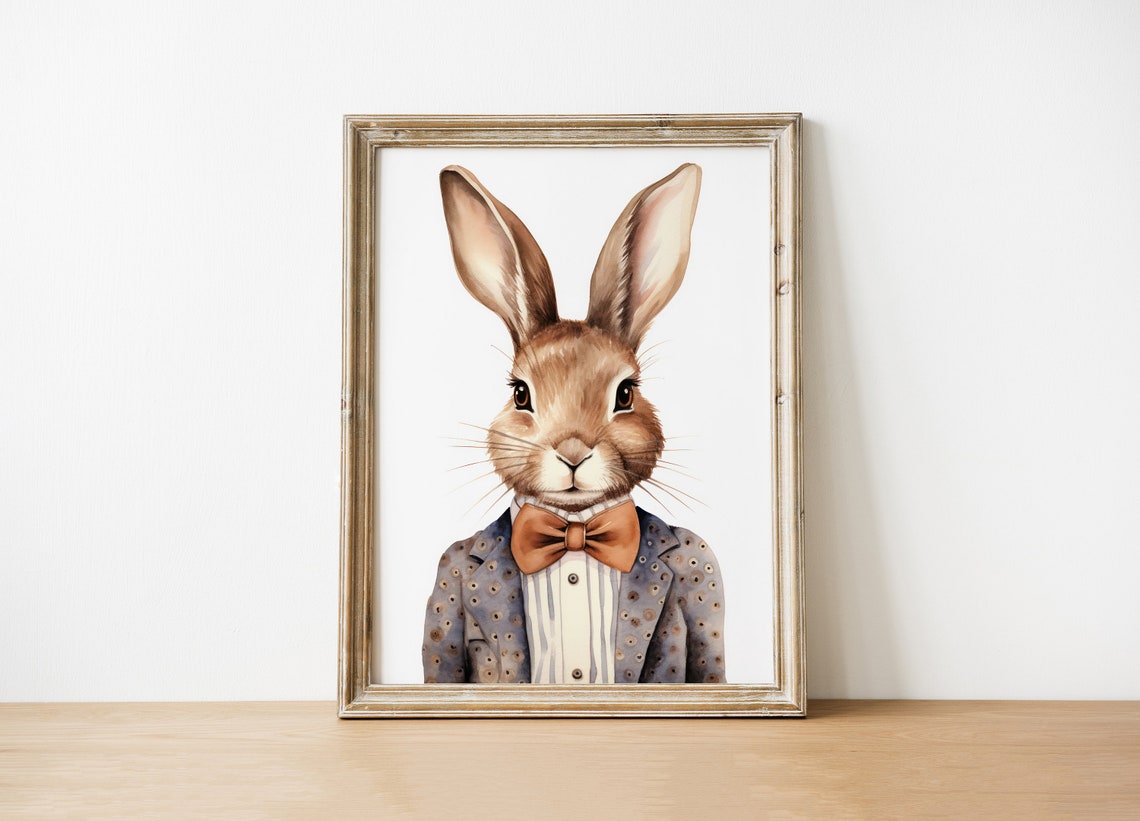 Dapper Bunny Watercolor Print Rabbit In Suit And Bow Tie Nursery Decor - Image 2