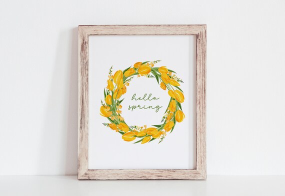 Hello Spring Yellow Tulip Wreath Watercolor Easter Floral Art Poster