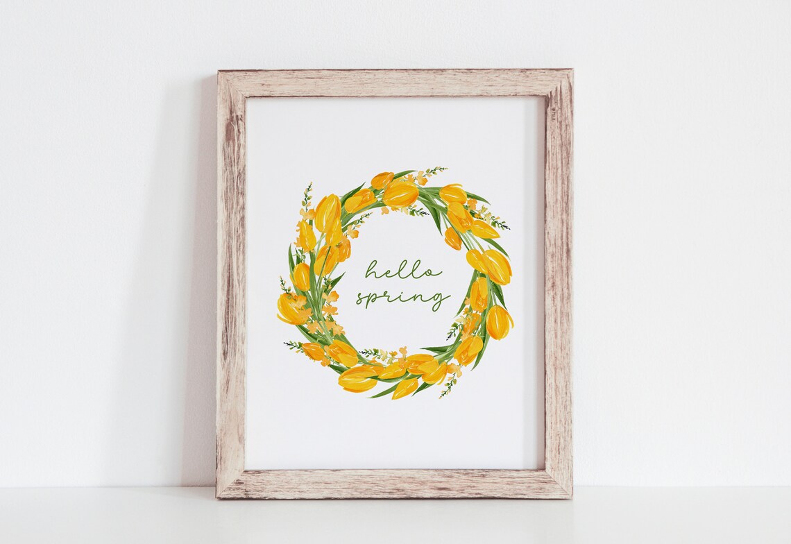 Hello Spring Yellow Tulip Wreath Watercolor Easter Floral Art Poster