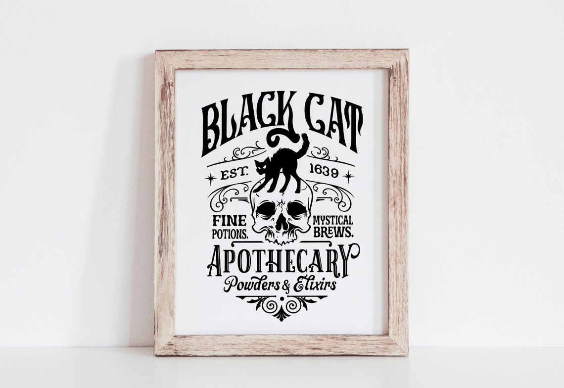 Black Cat Apothecary Skull Est 1639 Potions Vintage Halloween Poster - Image 2