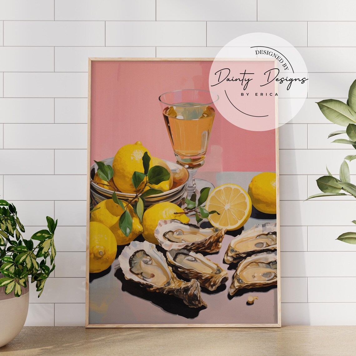 Oysters and Lemons Painting Wine Glass Pink Coastal Kitchen Print - Image 3