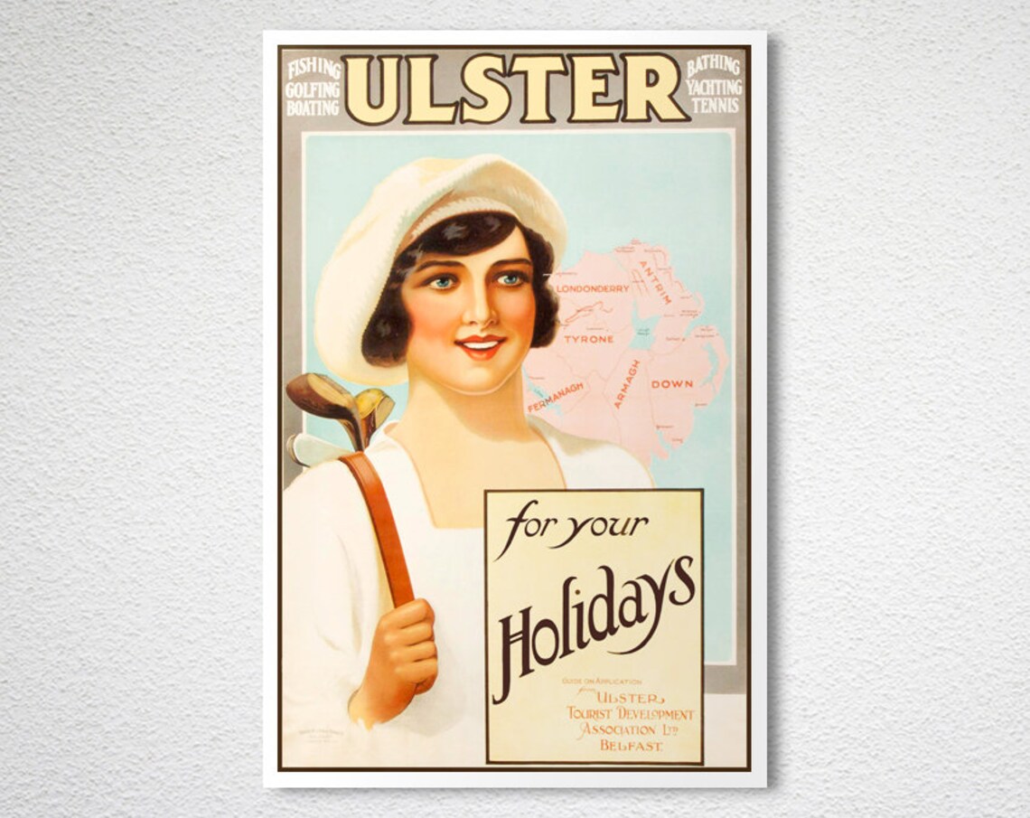 Ulster for Your Holidays Golf Woman Map Vintage Ireland Travel Poster - Image 2