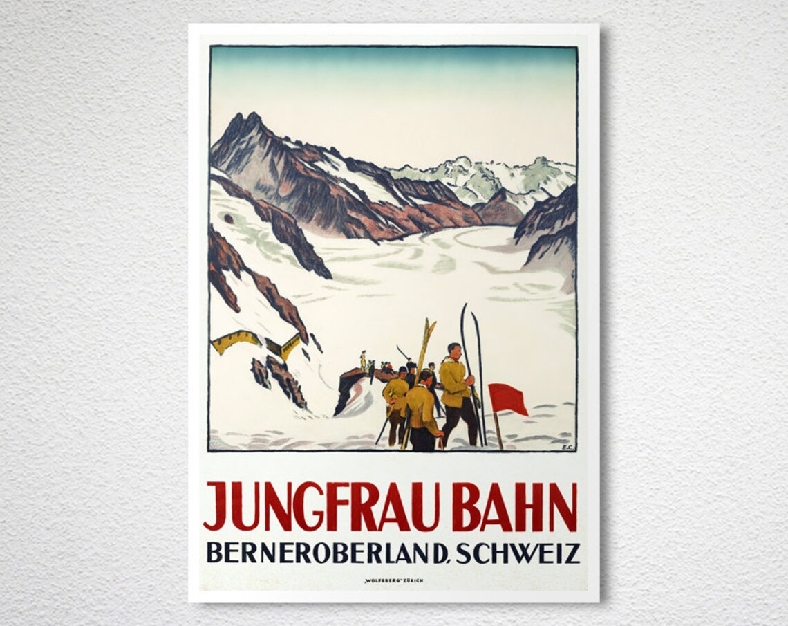 Jungfrau Bahn Vintage Swiss Ski Poster Group of Skiers With Red Flag - Image 2
