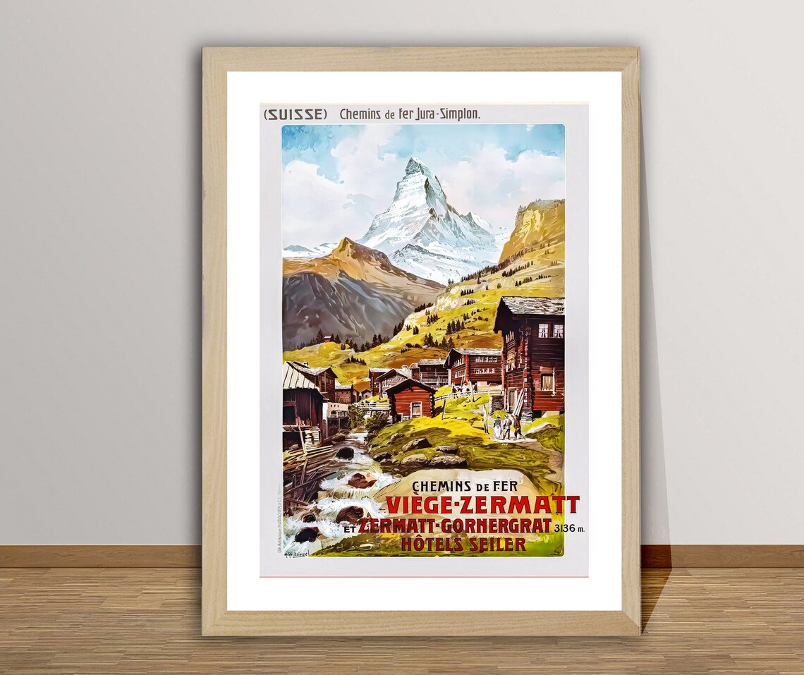 Viege Zermatt Gornergrat Hotel Seiler Vintage Travel Poster