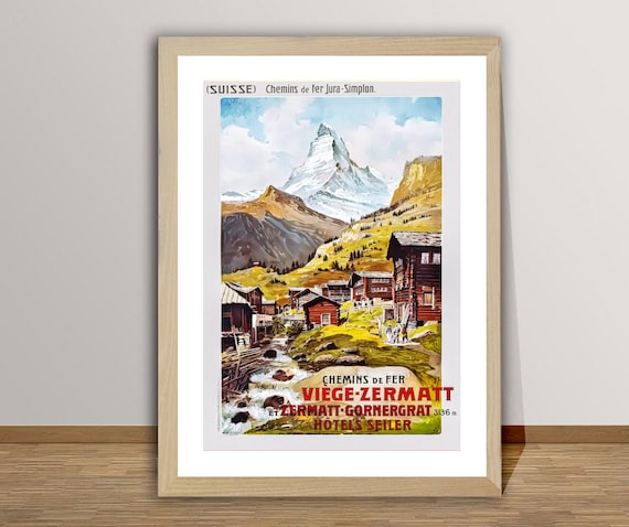 Viege Zermatt Gornergrat Hotel Seiler Vintage Travel Poster