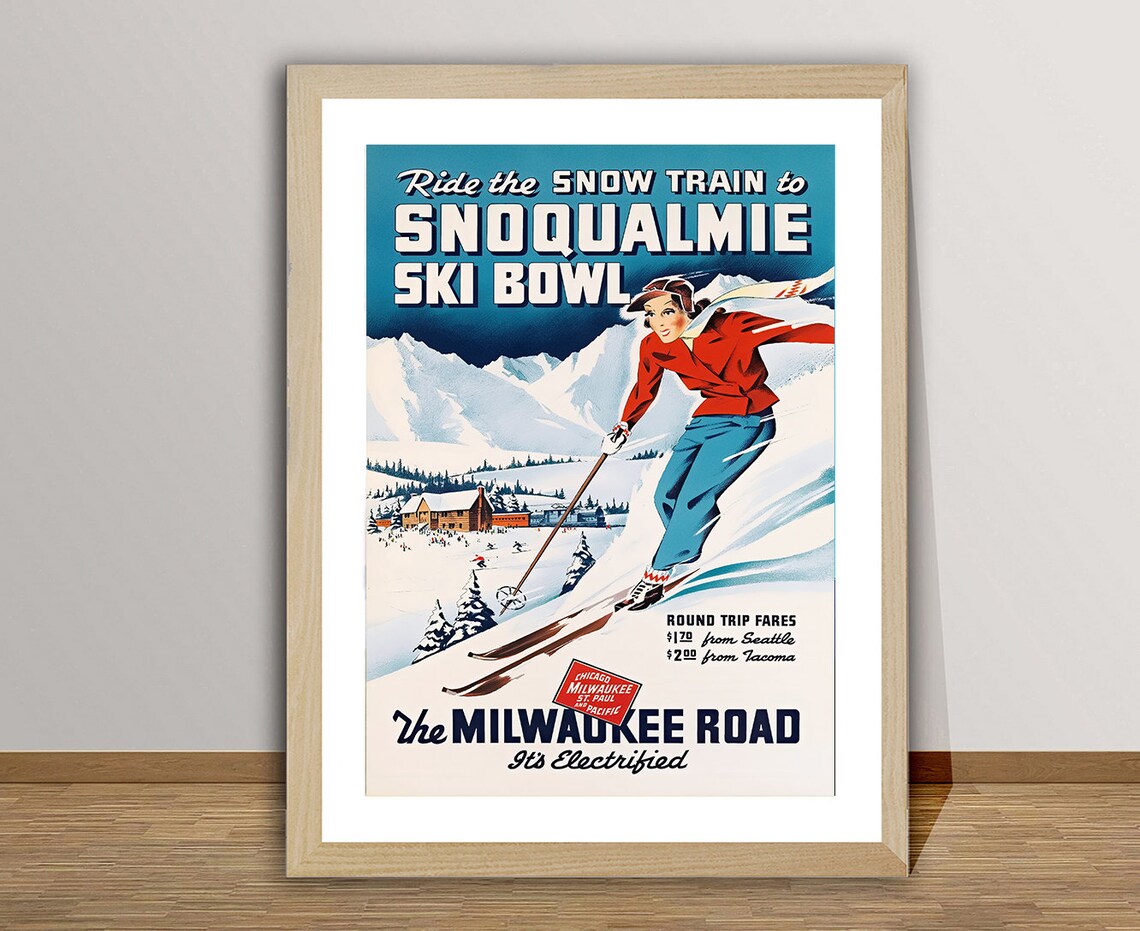 Ride to Snow Train to Snoqualmie Ski Bowl, Vintage Ski Poster