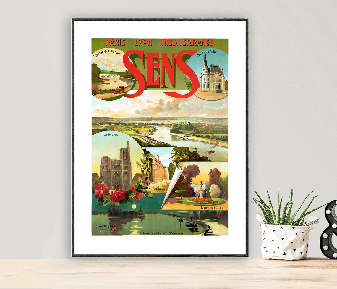 Sens France Paris Lyon Mediterranee Vintage Railway Travel Poster