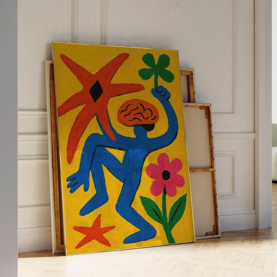 Colorful Abstract Figure Art Bold Wall With Brain And Flowers Modern Psychedelic Pop Poster
