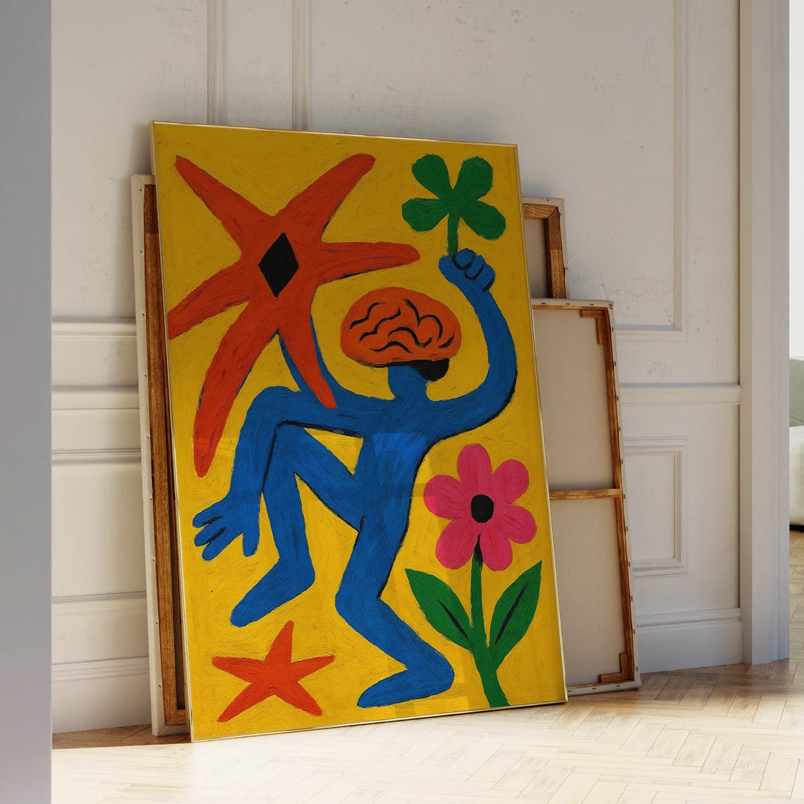 Dancing Blue Figure With Brain Red Star Yellow Abstract Poster