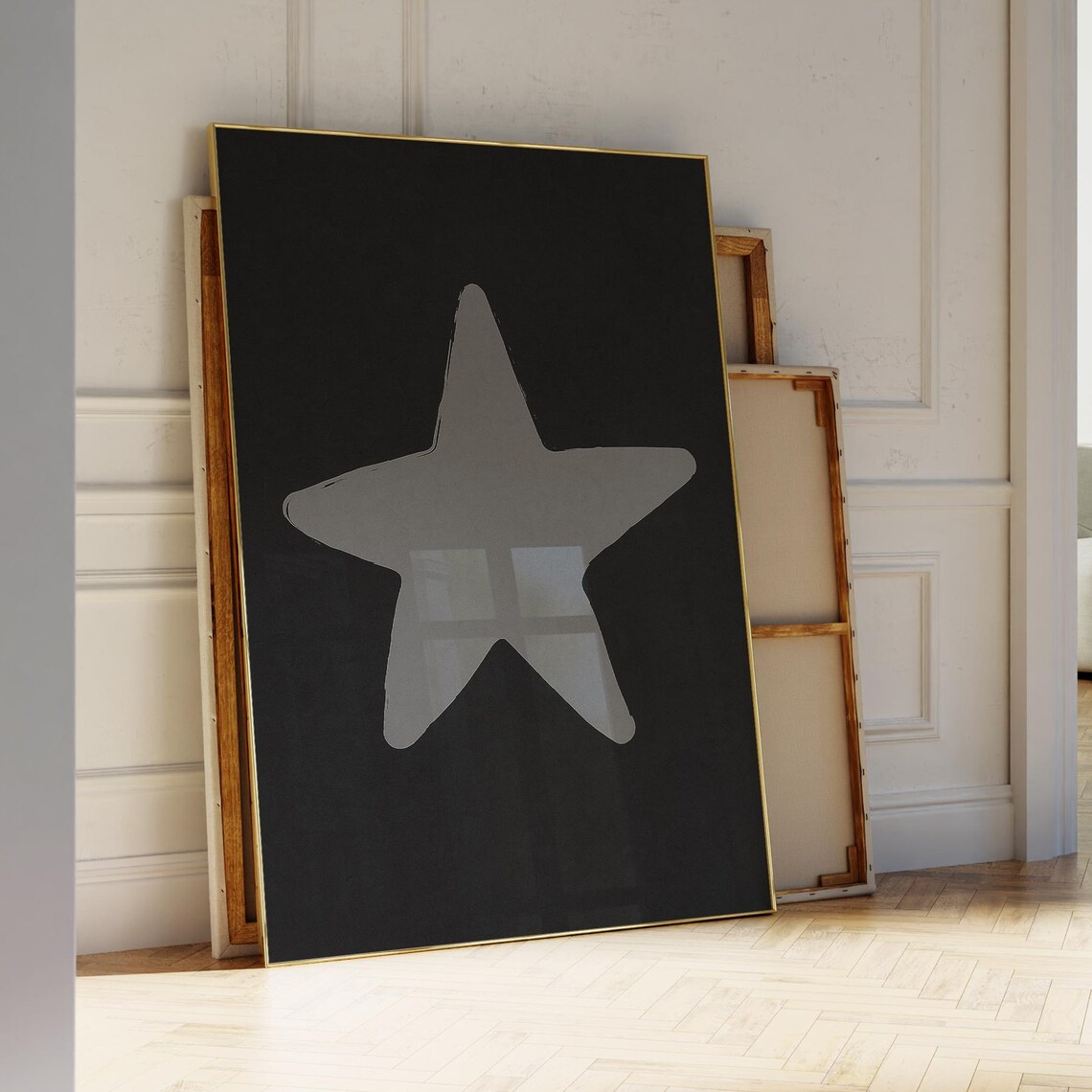 Hand Drawn Gray Star On Black Minimalist Modern Graphic Wall Art