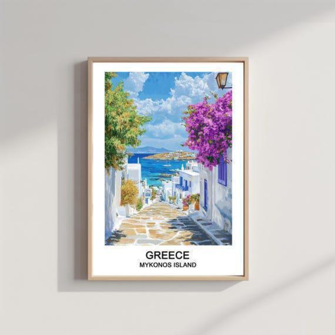 Mykonos Island Greece Watercolor Alley Bougainvillea Travel Poster