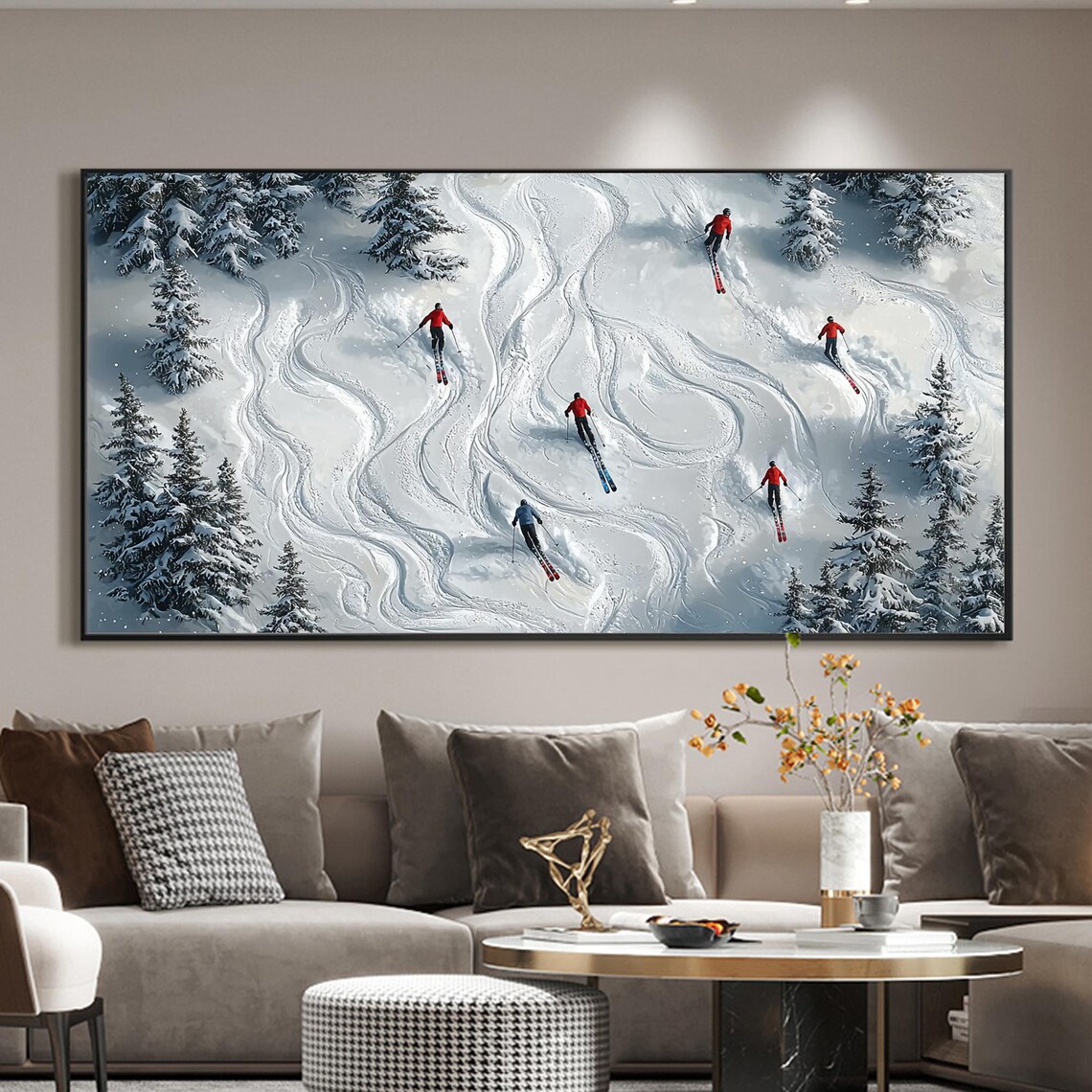 Skiers In Red Jackets Fresh Powder Aerial Winter Sports Art Poster