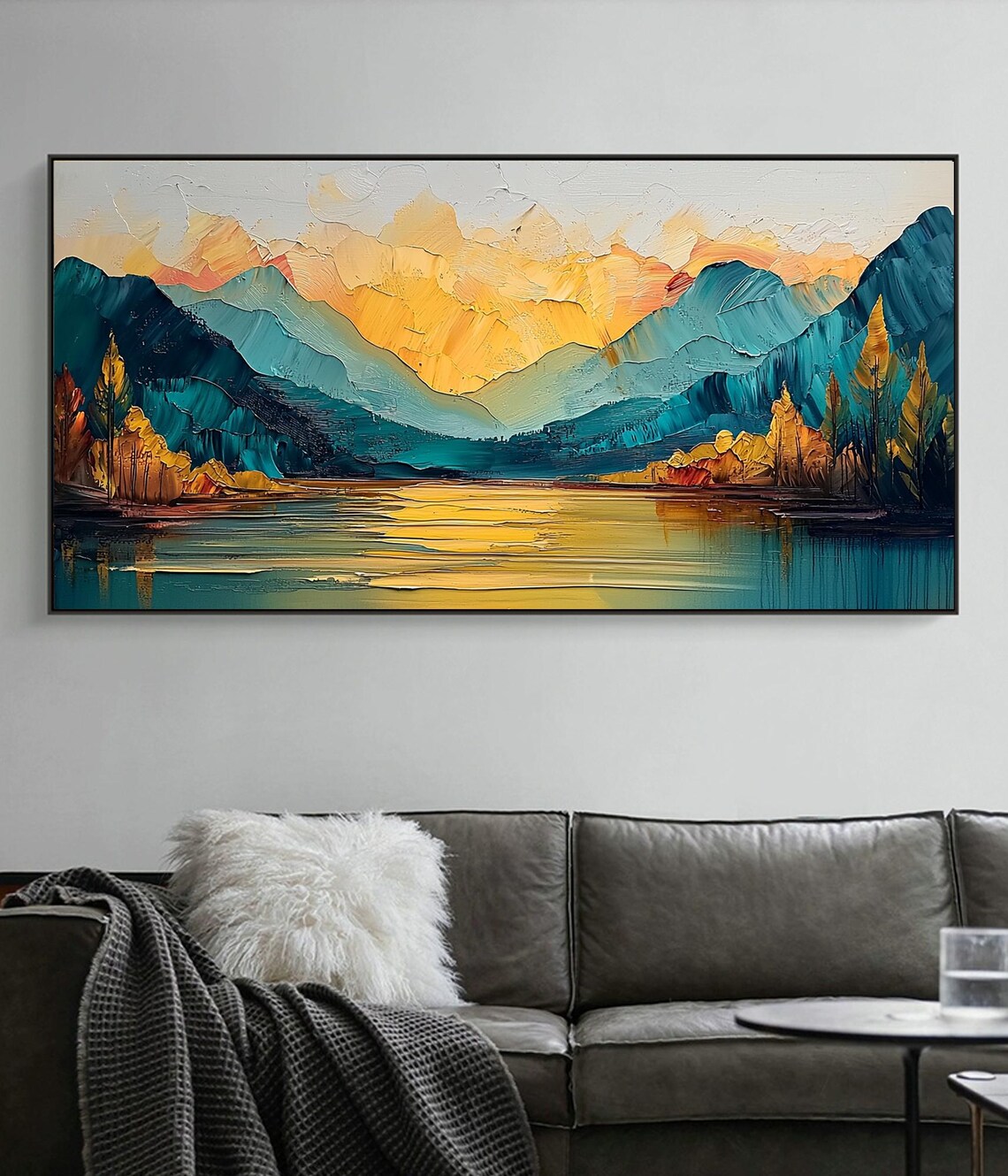 Teal Mountains Golden Sunset Sky Lake Reflection Oil Painting Poster - Image 4