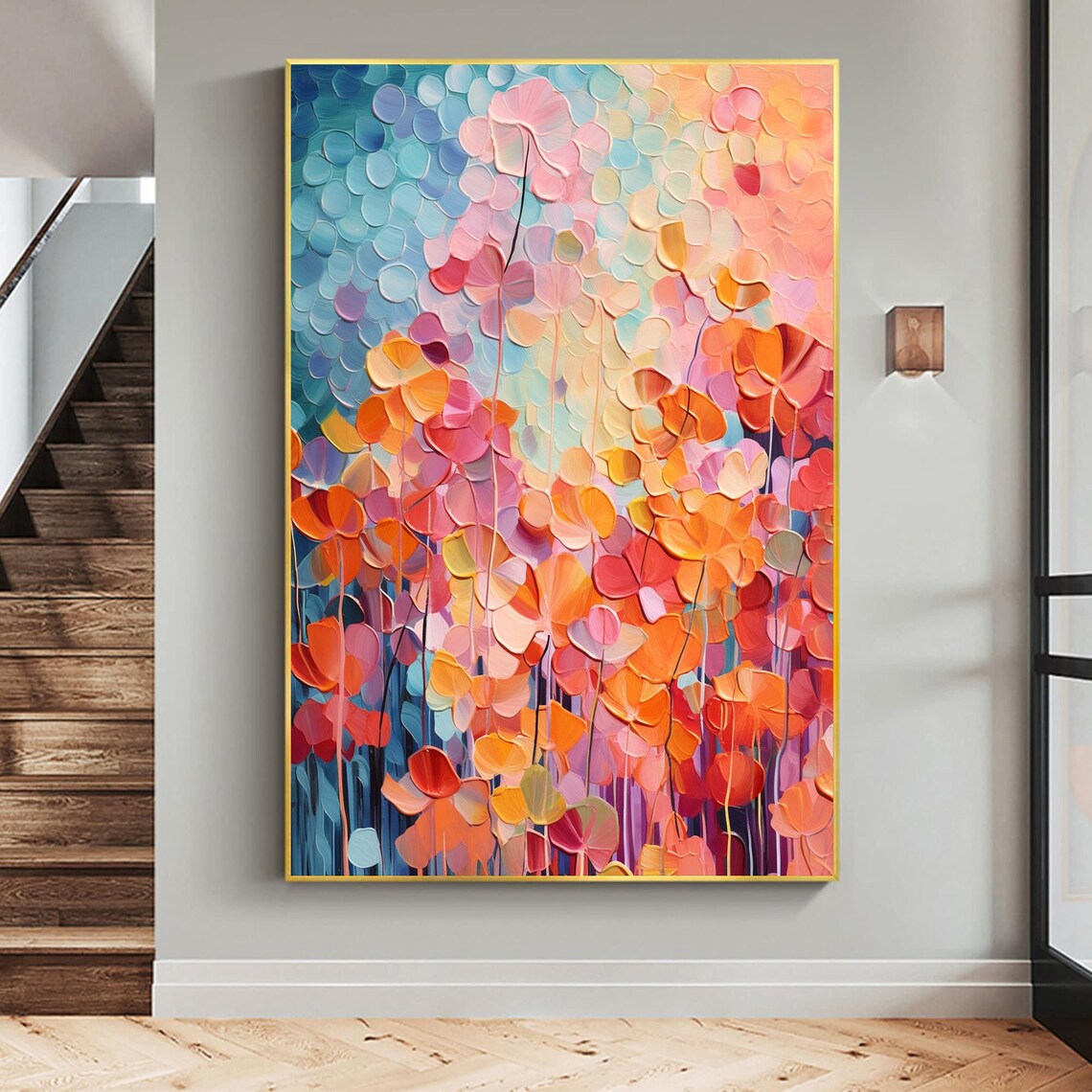 Pink Orange Blossoms Abstract Impasto Flower Field Oil Painting Poster - Image 2