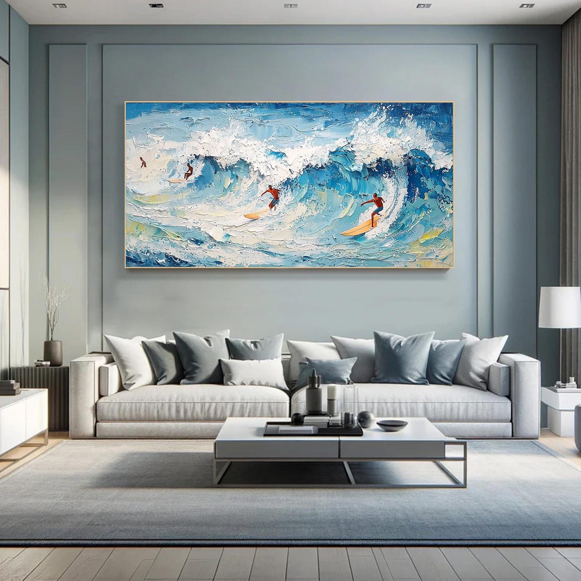 Original Abstract Surf Oil Painting Blue Ocean Waves Wall Art Custom Personalized Surfing Art Painting Sofa Background Home Decor - Image 3