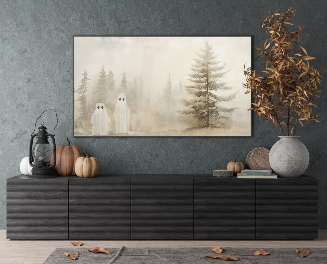 Cute Ghosts Misty Pine Forest Foggy Fall Halloween Painting Wall Art - Image 4