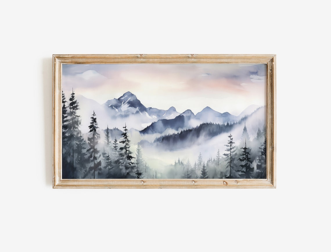 Blue Ridge Misty Mountains Pine Forest Watercolor Landscape Poster