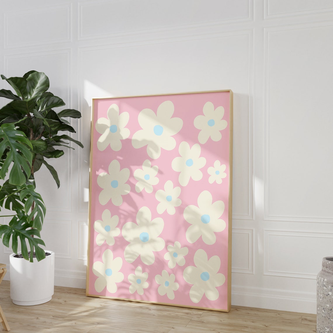 Pastel Pink Daisy Floral Pattern Cream Blossom Boho Art Poster - Image 4