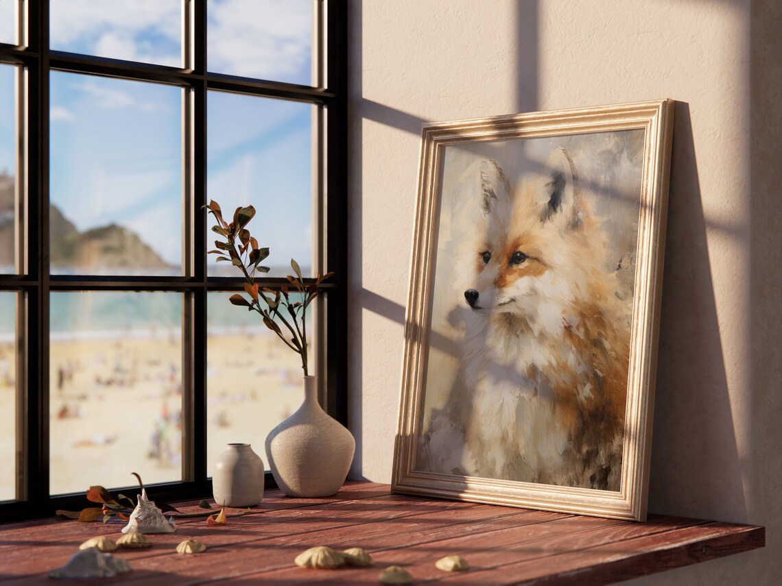 Red Fox Portrait in Soft Beige Tones Vintage Oil Painting Poster - Image 4