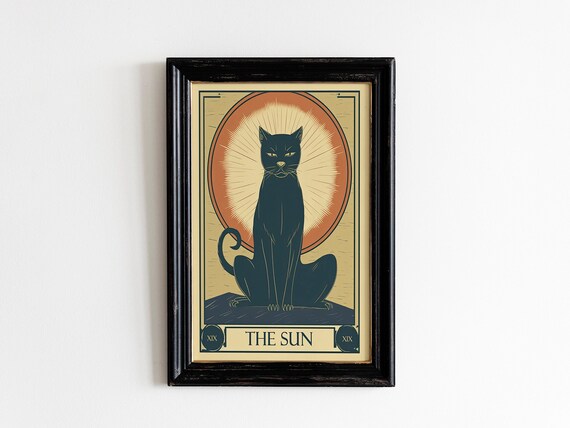The Sun Tarot Black Cat XIX Vintage Celestial Mystical Art Poster