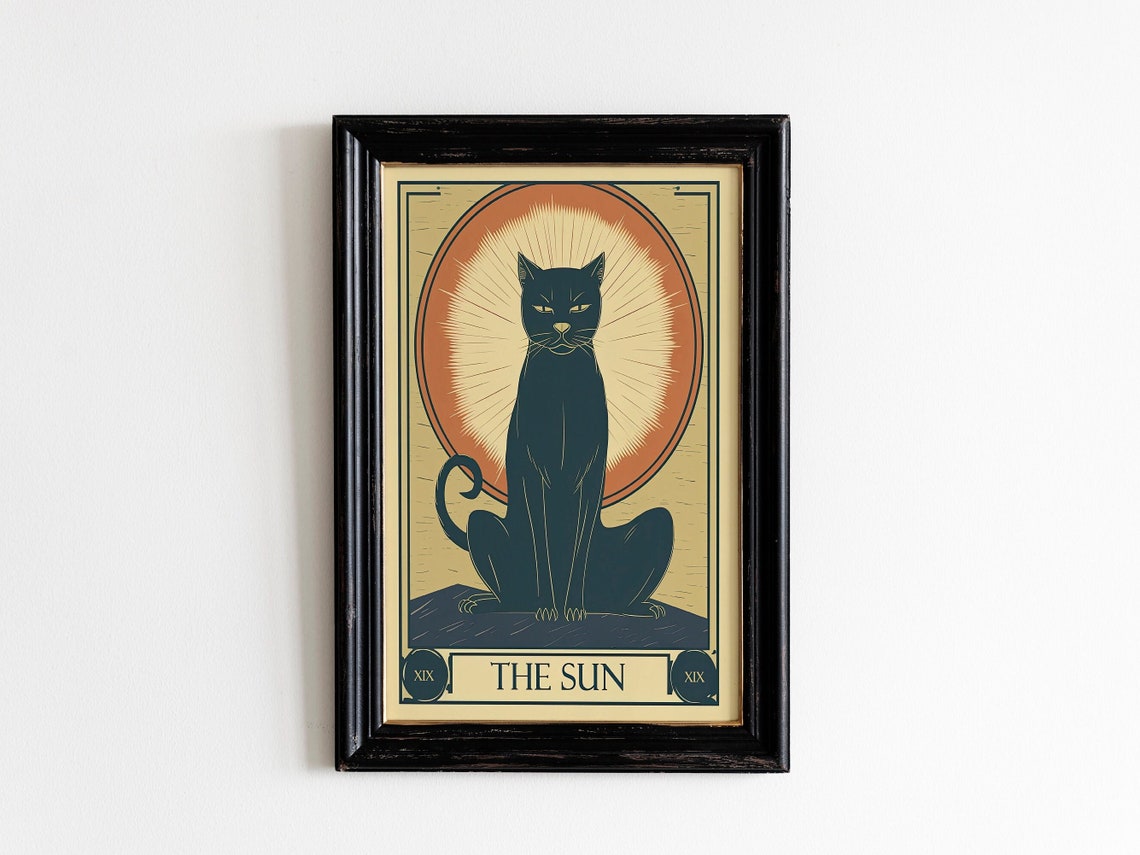 The Sun Tarot Black Cat XIX Vintage Celestial Mystical Art Poster