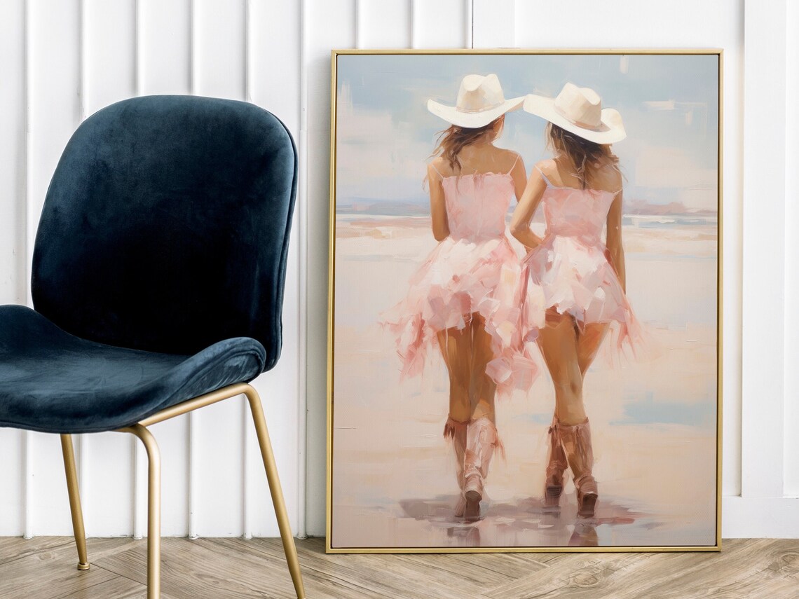 Beach Best Friends Pink Dress Cowboy Hat Painting Coastal Wall Art - Image 2